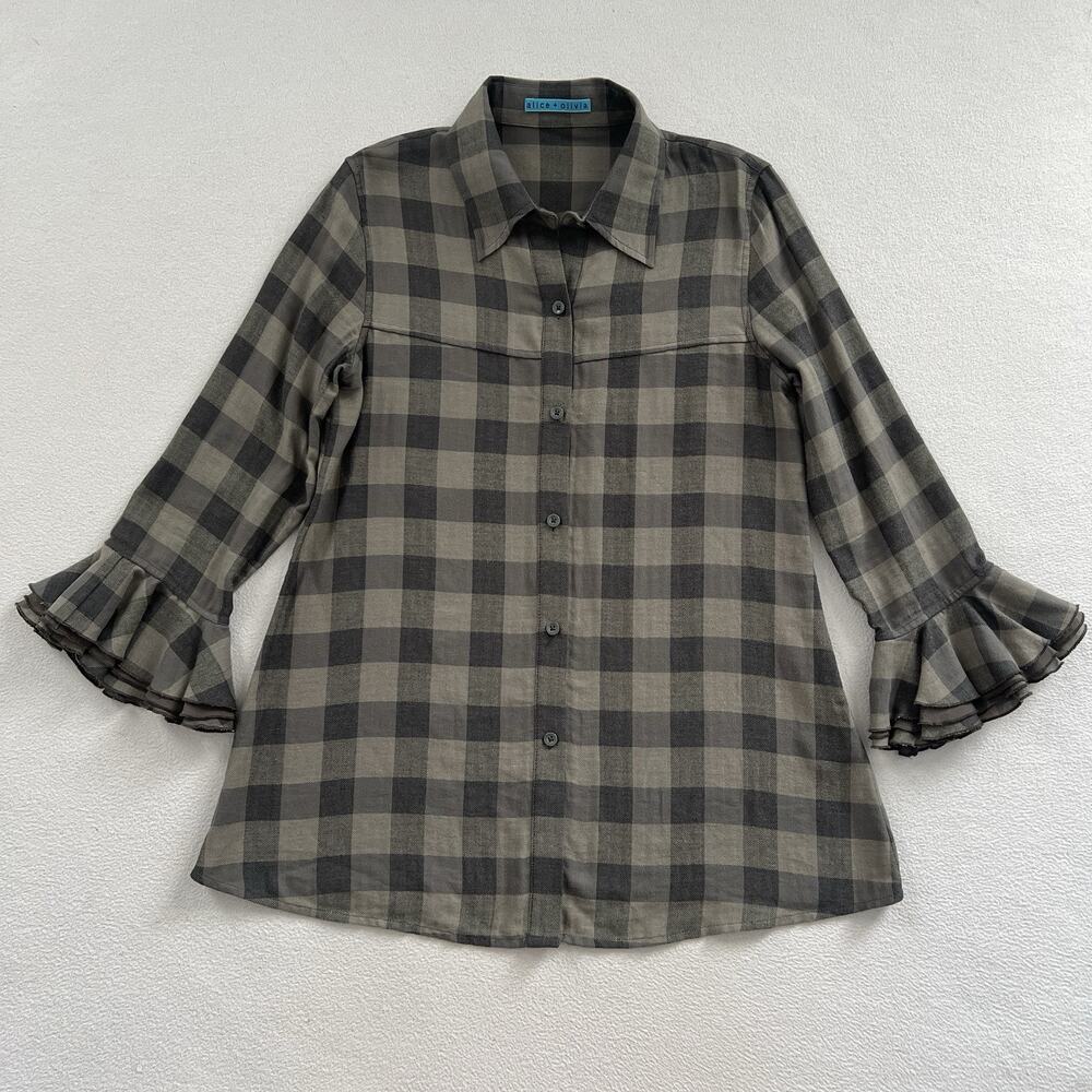 Alice + Olivia Green Gray Plaid Ruffle Sleeve Button Cotton Silk Collar Shirt S
